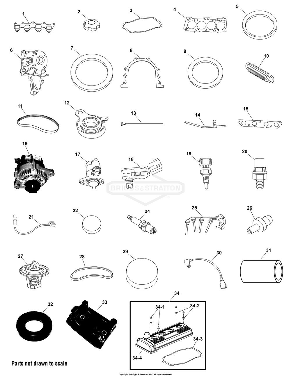 Engine Group - Common Service Parts Diagram and Parts List for 076180-04  Briggs and Stratton Generator